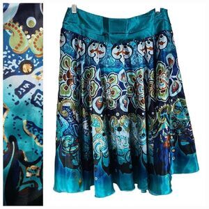 Turquoise Floral Satin Skater Skirt Circular Twirl Knee Length Statement Juniors